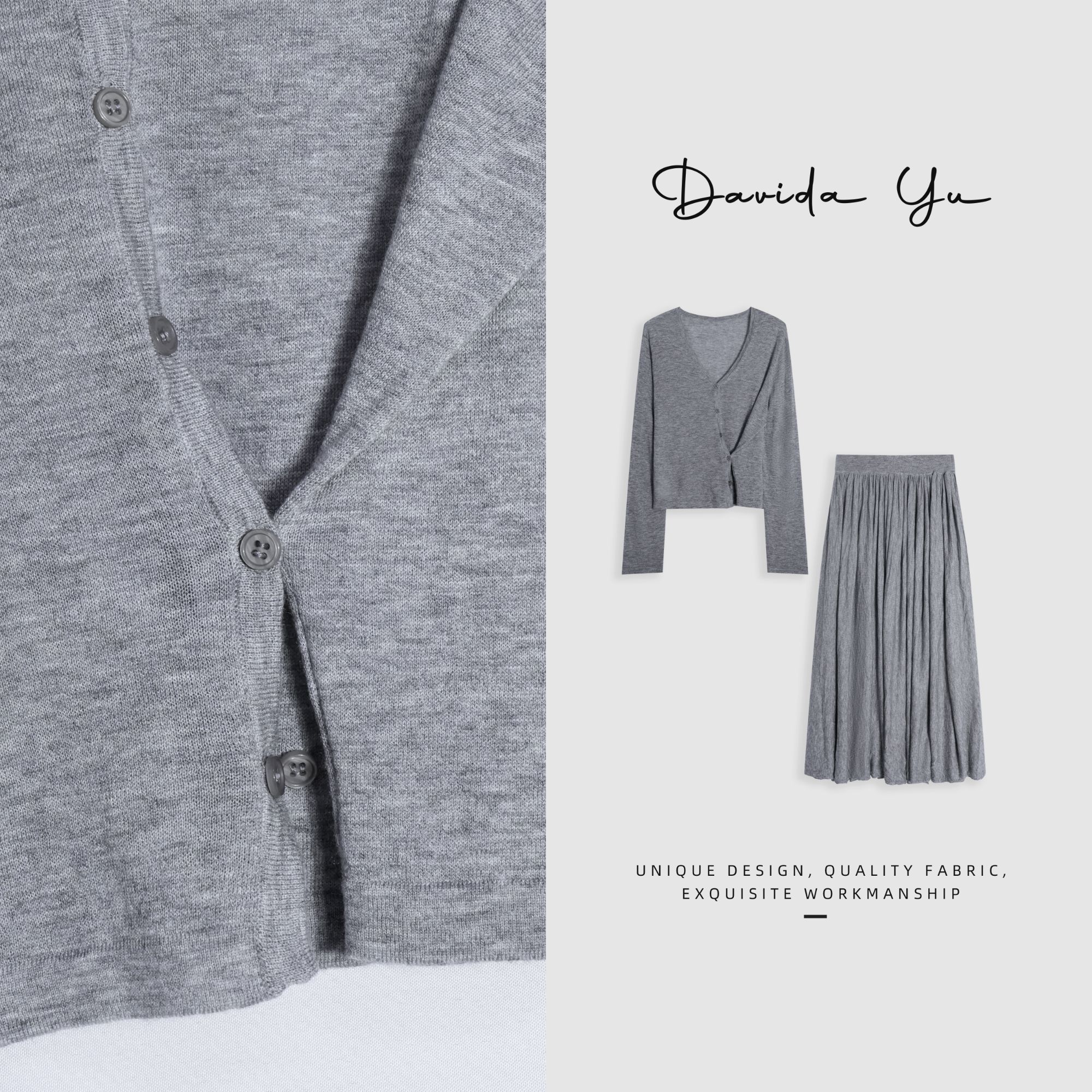 Davida Yu【贝拉】2025春夏新款水溶羊毛长袖开衫半身裙套装8208