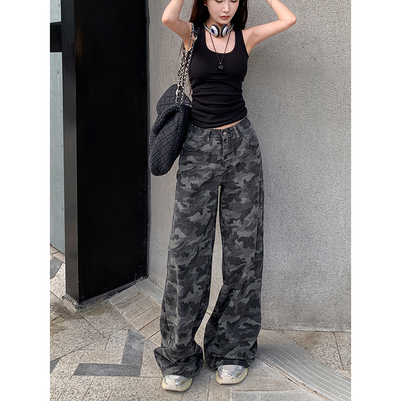 美式街头迷彩阔腿裤女2025秋季新款高腰宽松显瘦显高潮酷牛仔长裤