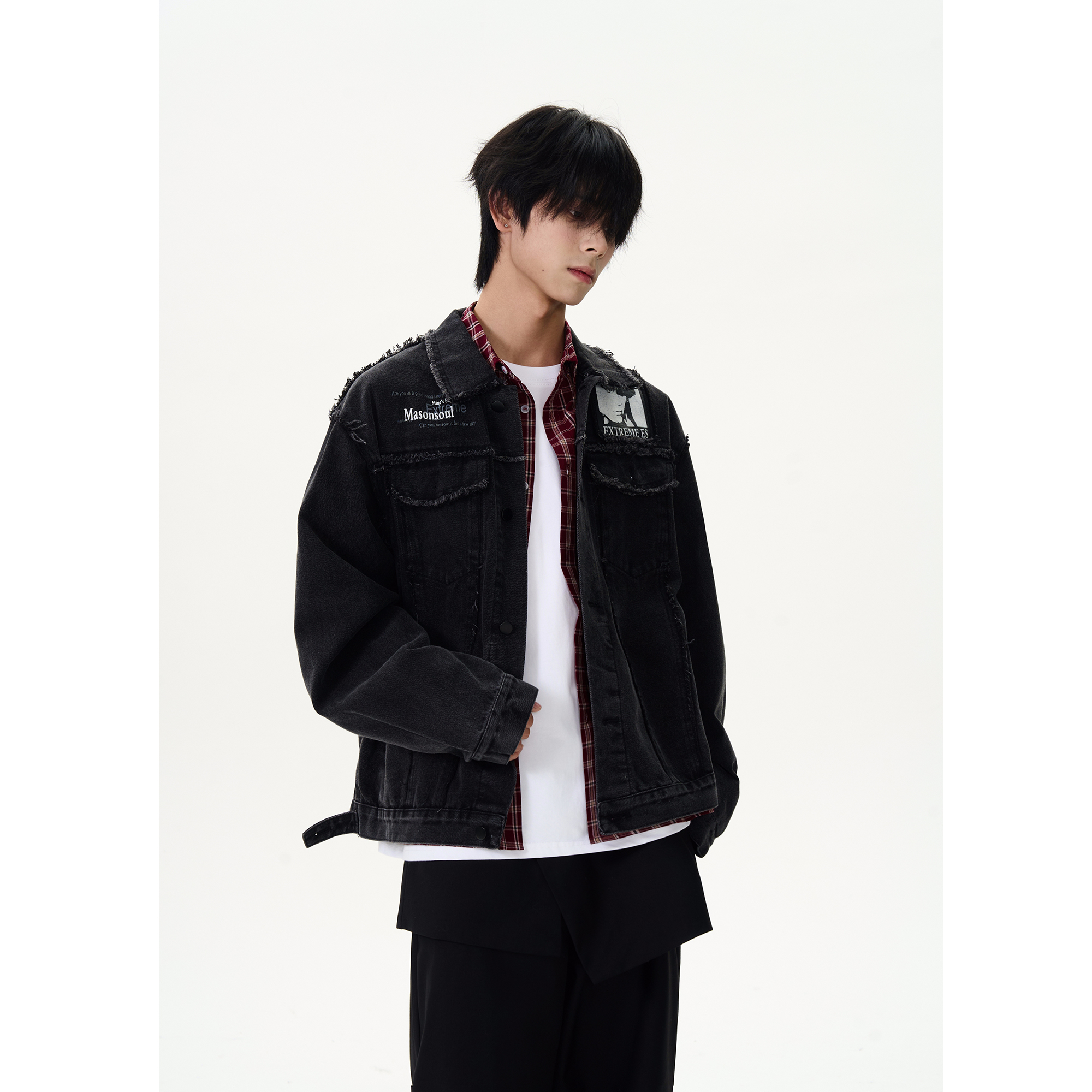 【清仓+MA-JK0724】做旧水洗毛边贴布翻领牛仔夹克外套男女潮牌