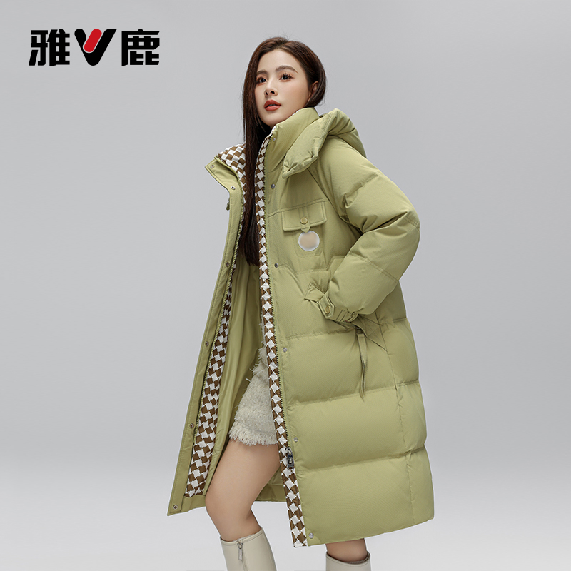 雅鹿冬季长款时尚连帽过膝加厚保暖防风休闲宽松女士外套羽绒服N
