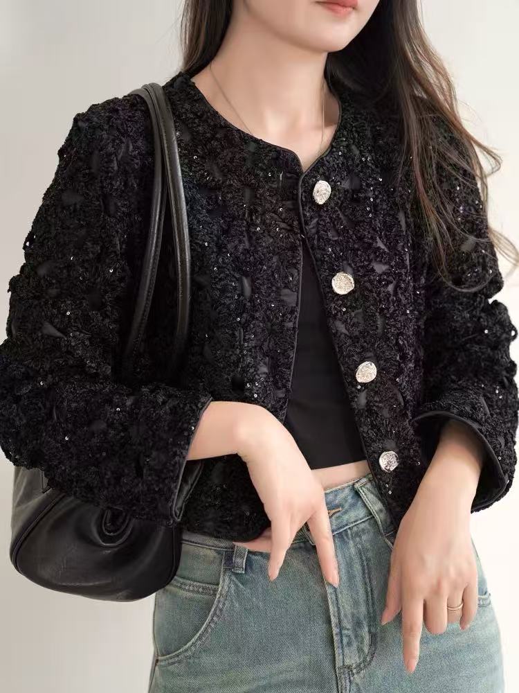 【杭州·伊芙M】NN1276-时尚女装设计感小香风外套黑色短款