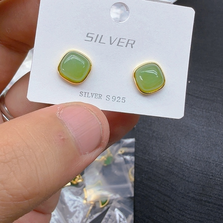 和田玉（碧玉）耳饰银S925镀金镶嵌