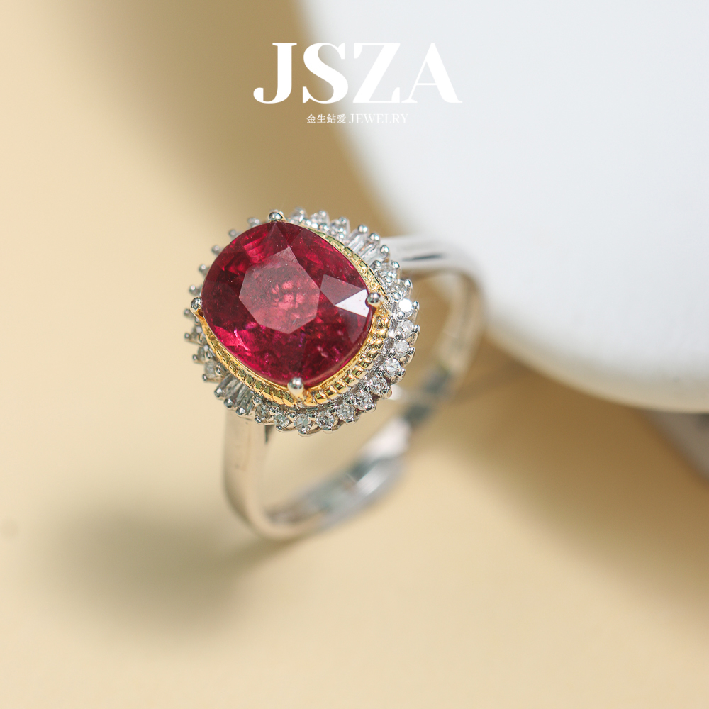 18K金天然红碧玺戒指白金镶嵌2.75克拉卢比莱红时尚高雅满火彩
