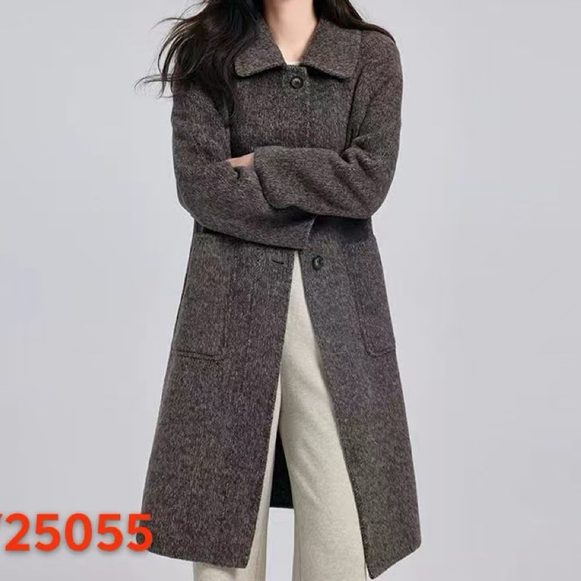 25055冬款宽松保暖单排扣翻领大口袋中长款百搭毛呢大衣