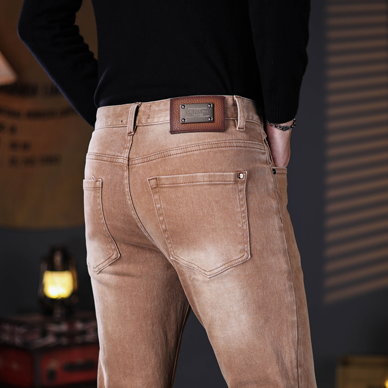 秋冬厚款棕啡色牛仔长裤男高端时尚水洗弹力潮流修身小直筒九分裤