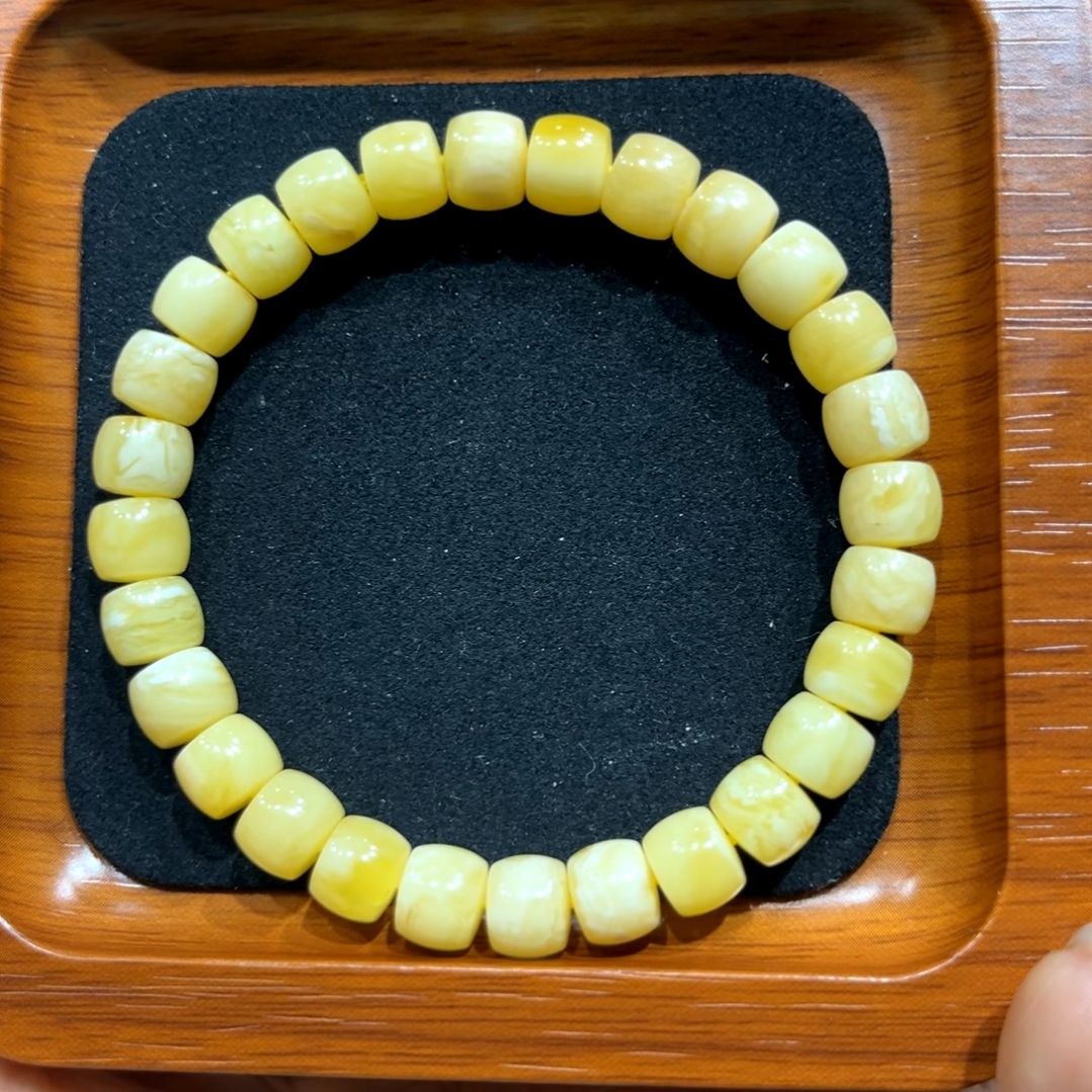 琥珀手链未镶嵌天然俄料鸡油黄妖白花直切手串8m
