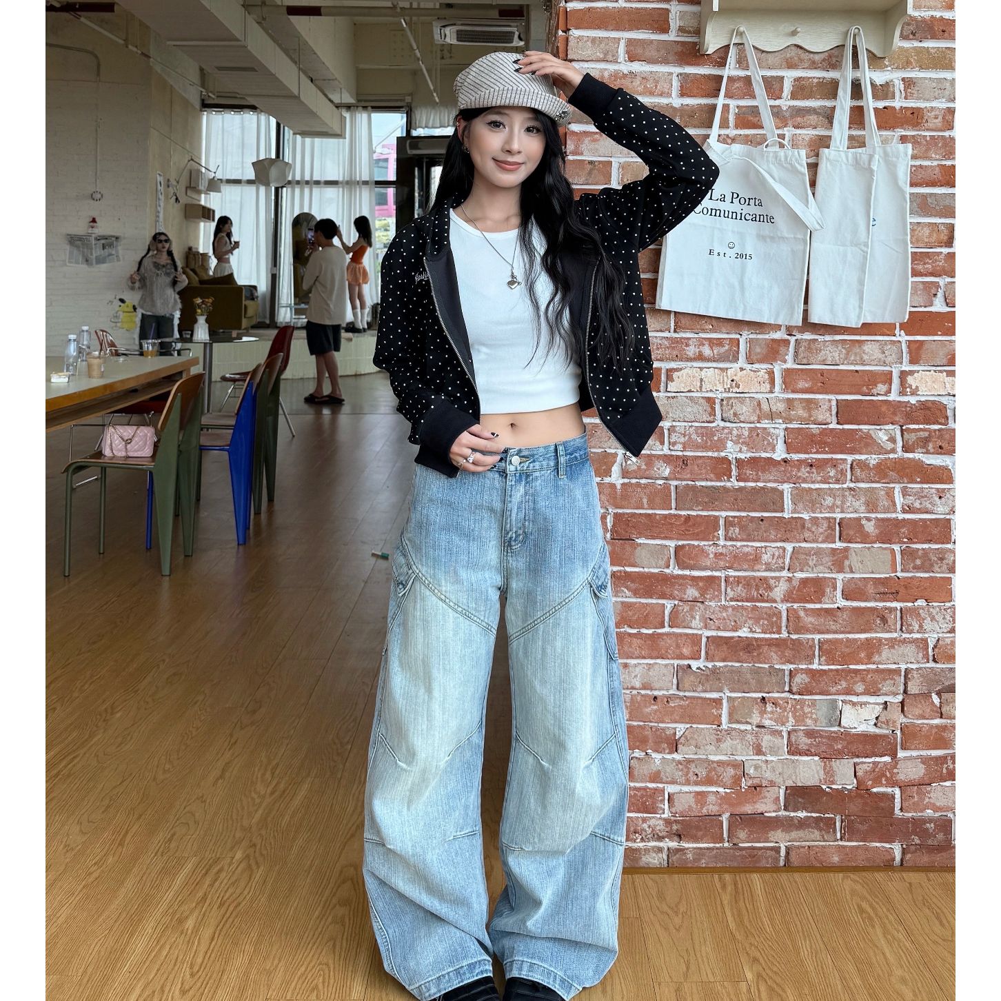 【欢喜SS】秋冬美式复古竹节纹硬牛仔设计感宽松阔腿高腰显瘦牛仔裤