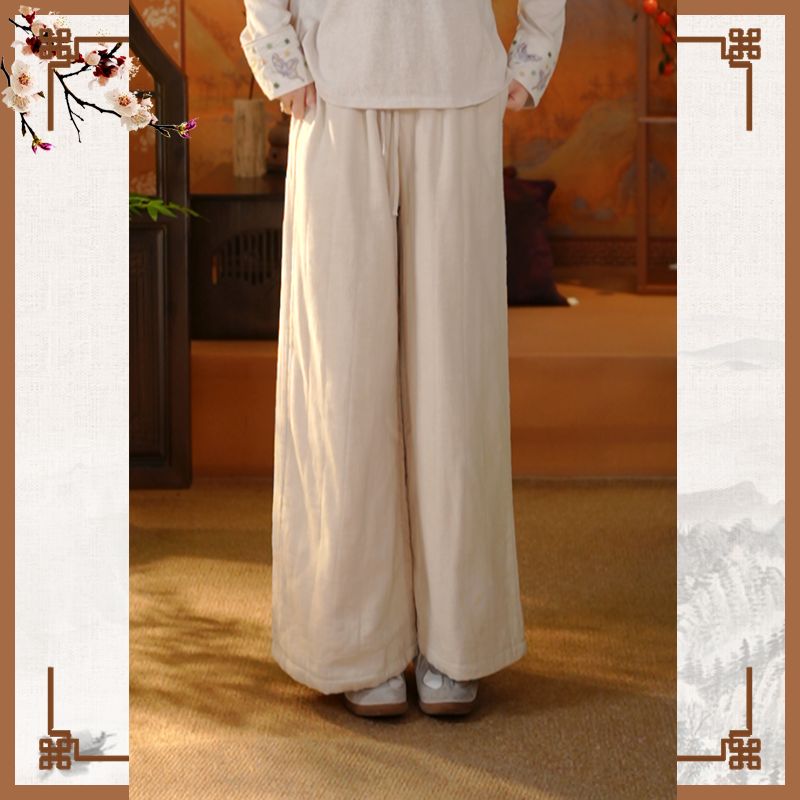 【雅素】冬季夹棉松紧高腰宽松直筒阔腿裤新中式抽绳竖条休闲长裤