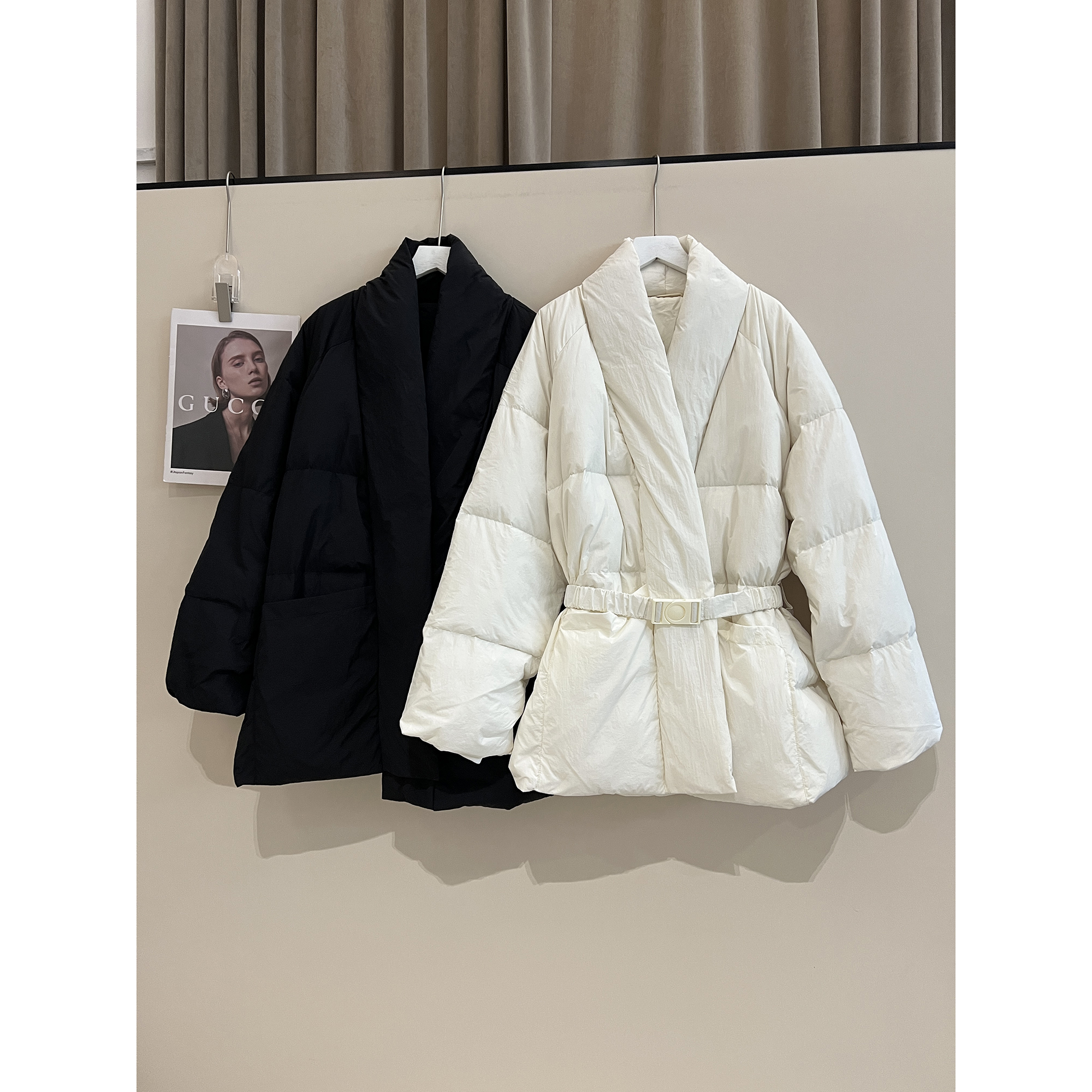 开衫式收腰系带中长款羽绒服外套WJ54478