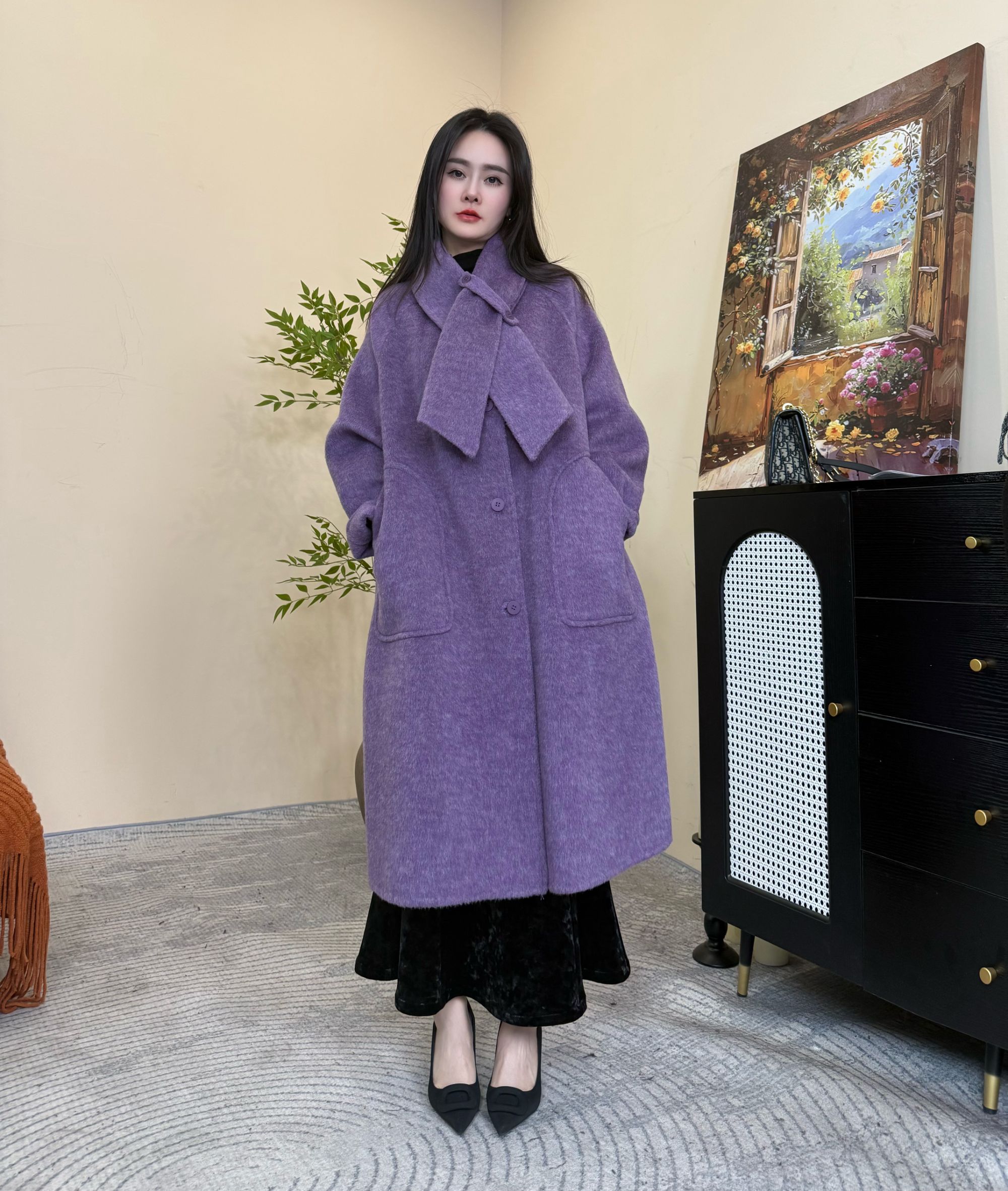 秋冬新款长西装领围巾款羊驼毛羊毛大衣