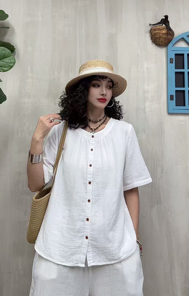 {018拍这里}中国风民族风时尚套装短袖显瘦百搭休闲夏季圆领衬衣