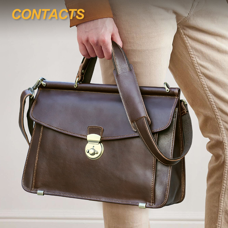 黑天使意大利树羔皮可装14.2寸休闲手提电脑包大容量锁扣男公文包