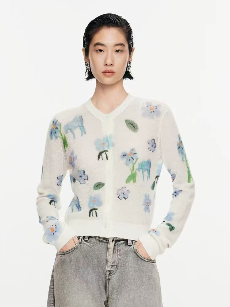 【120支水溶16针】超细水溶羊毛新款涂鸦开衫女士圆领长袖针织衫