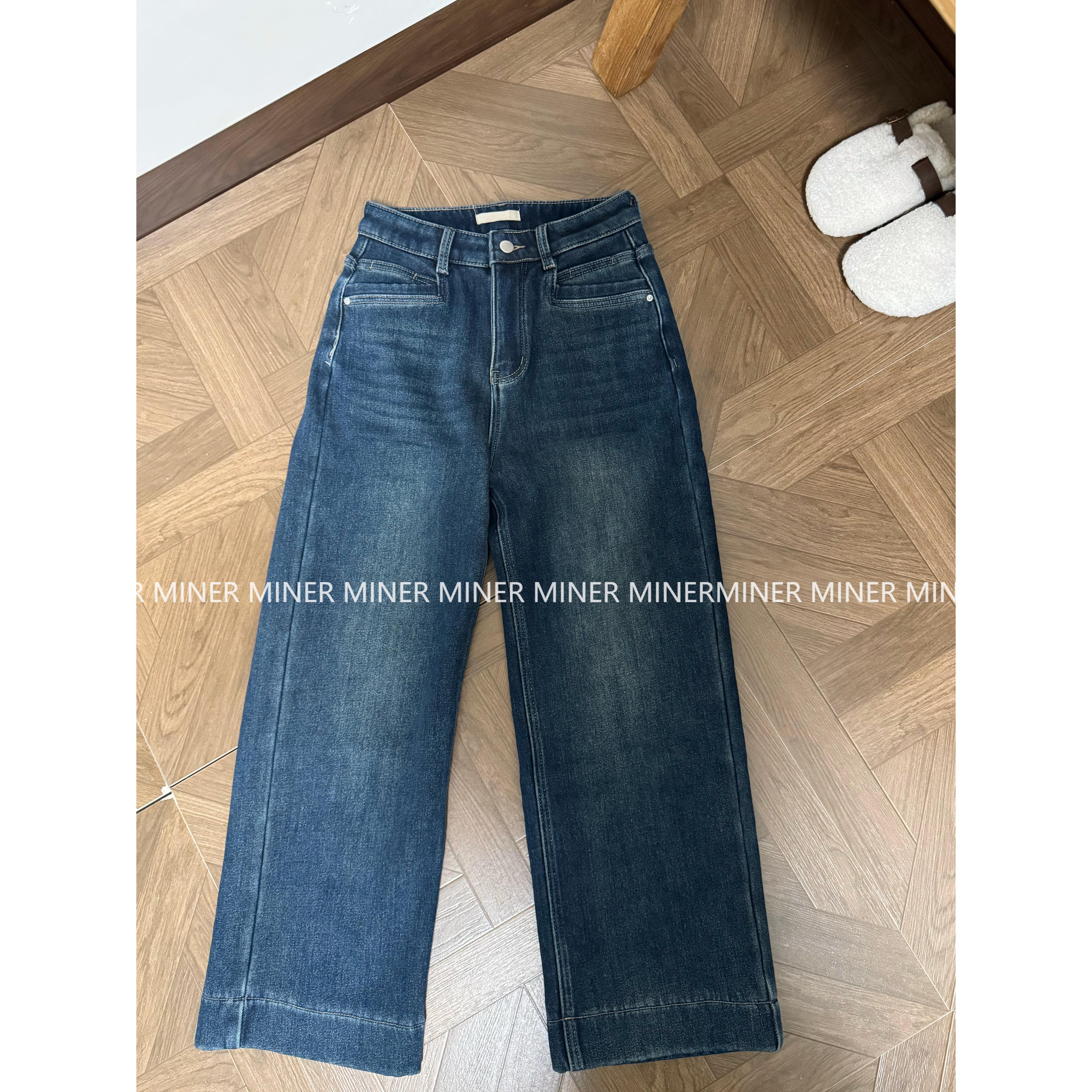 【敏儿家】复合绒高腰高弹九分直筒牛仔裤#258151