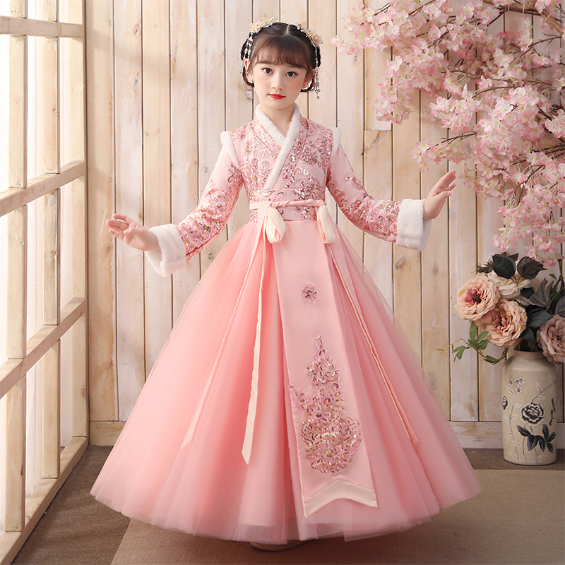 清仓汉服女童2025冬民族公主裙秋冬民族风中国风加绒加厚连衣裙红