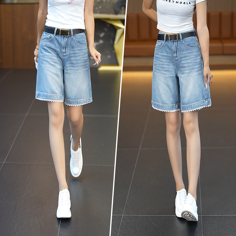 【蕾丝花边】美式阔腿五分牛仔短裤女2025年夏季显瘦直筒中裤