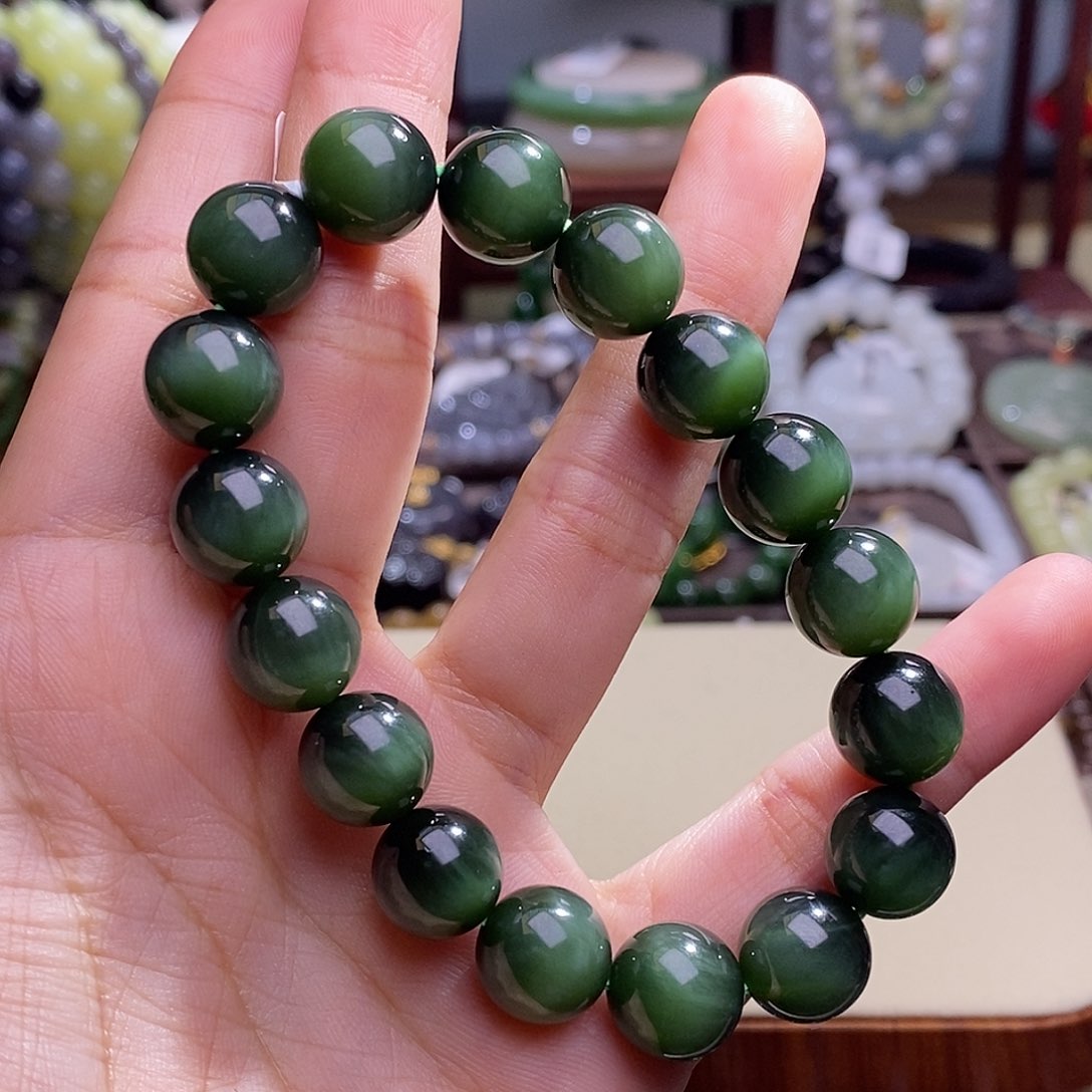 和田玉未镶嵌老矿料碧玉猫眼收藏级手串11.5m m