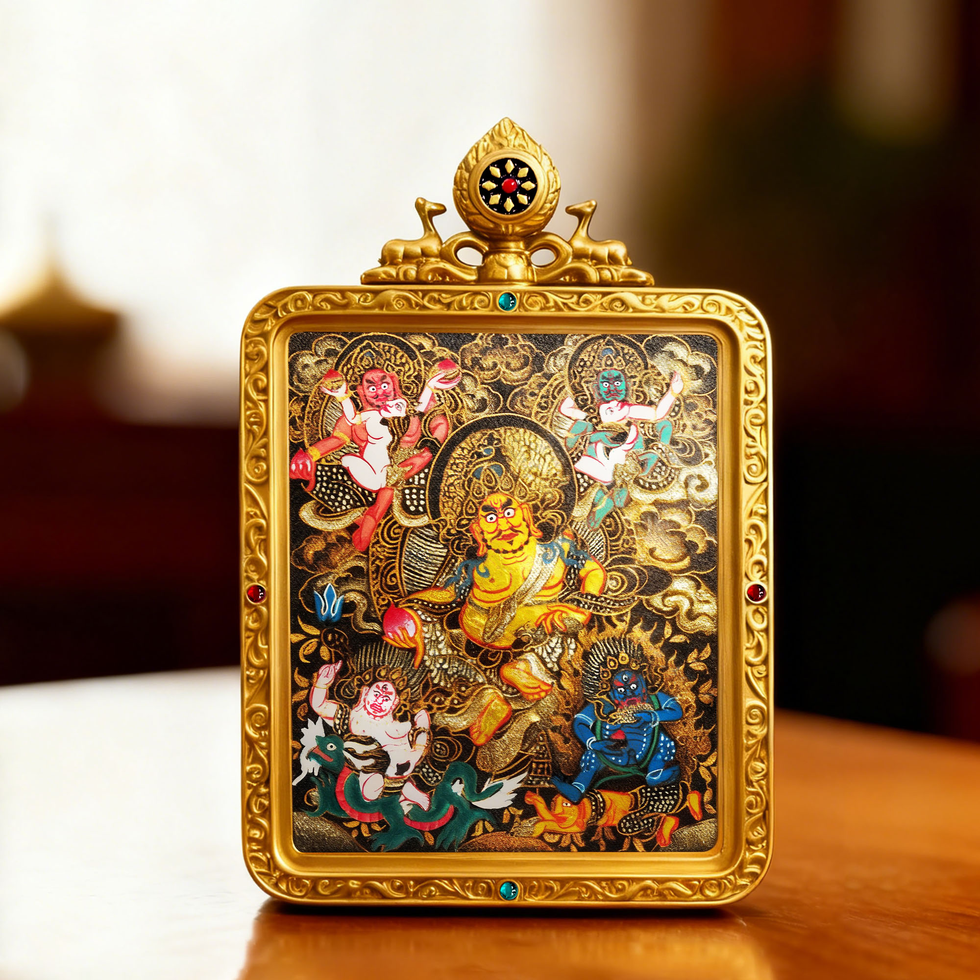 五路财神唐卡定制热贡黑金非遗传承人扎西多杰纯手绘唐卡吊坠