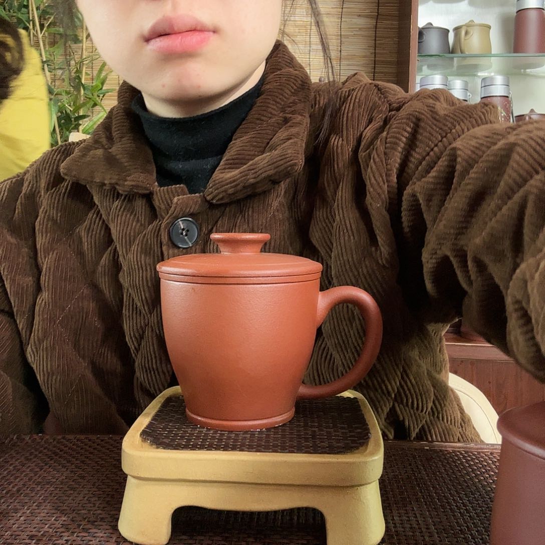 紫砂茶杯红降坡马克三件套没礼盒300CC