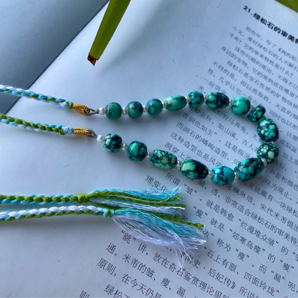 原矿湖北绿松石特色菜籽黄精编时尚高级设计款桶珠项链 