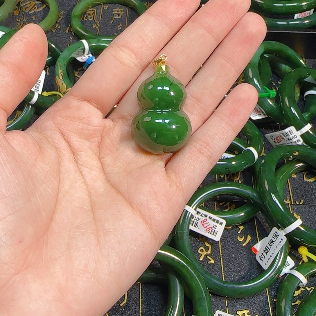 和田玉银S925镶嵌颈饰大葫芦吊坠菠菜绿