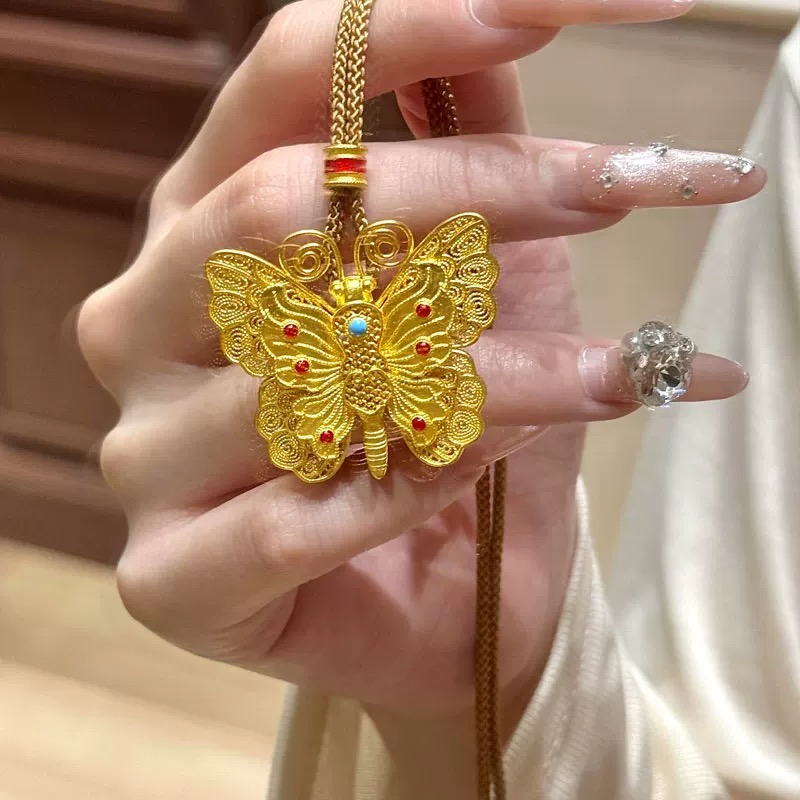 铜合金吊坠 新中式珐琅彩镂空花丝蝴蝶项链女轻奢立体彩蝶吊坠