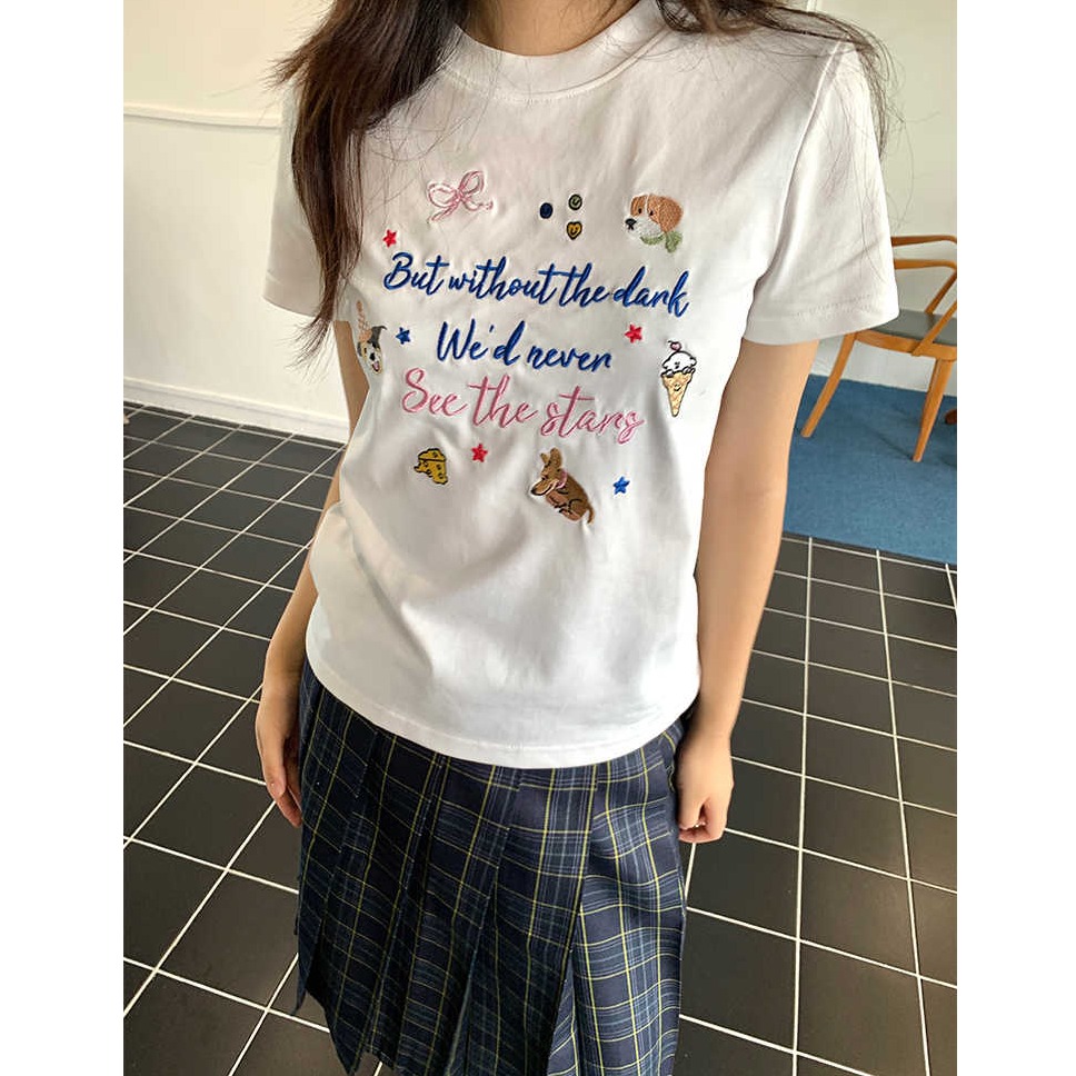 韩系少女短袖正肩T恤字母动物刺绣童趣减龄显瘦夏季上衣