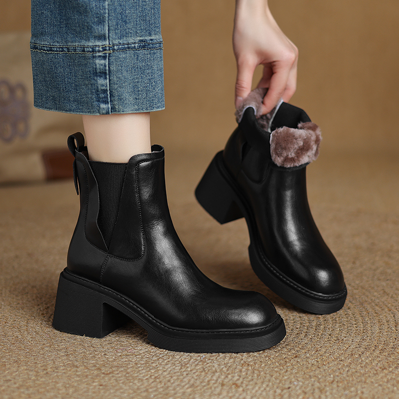 【6CM/牛皮】简约气质小短靴百搭圆头粗跟后拉链羊羔毛女靴M7959