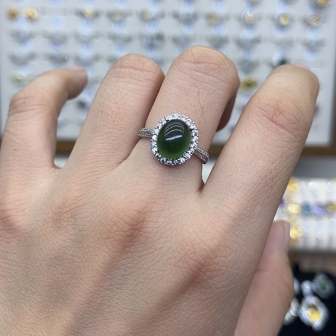 ****蛇纹石玉银S925镶嵌戒指