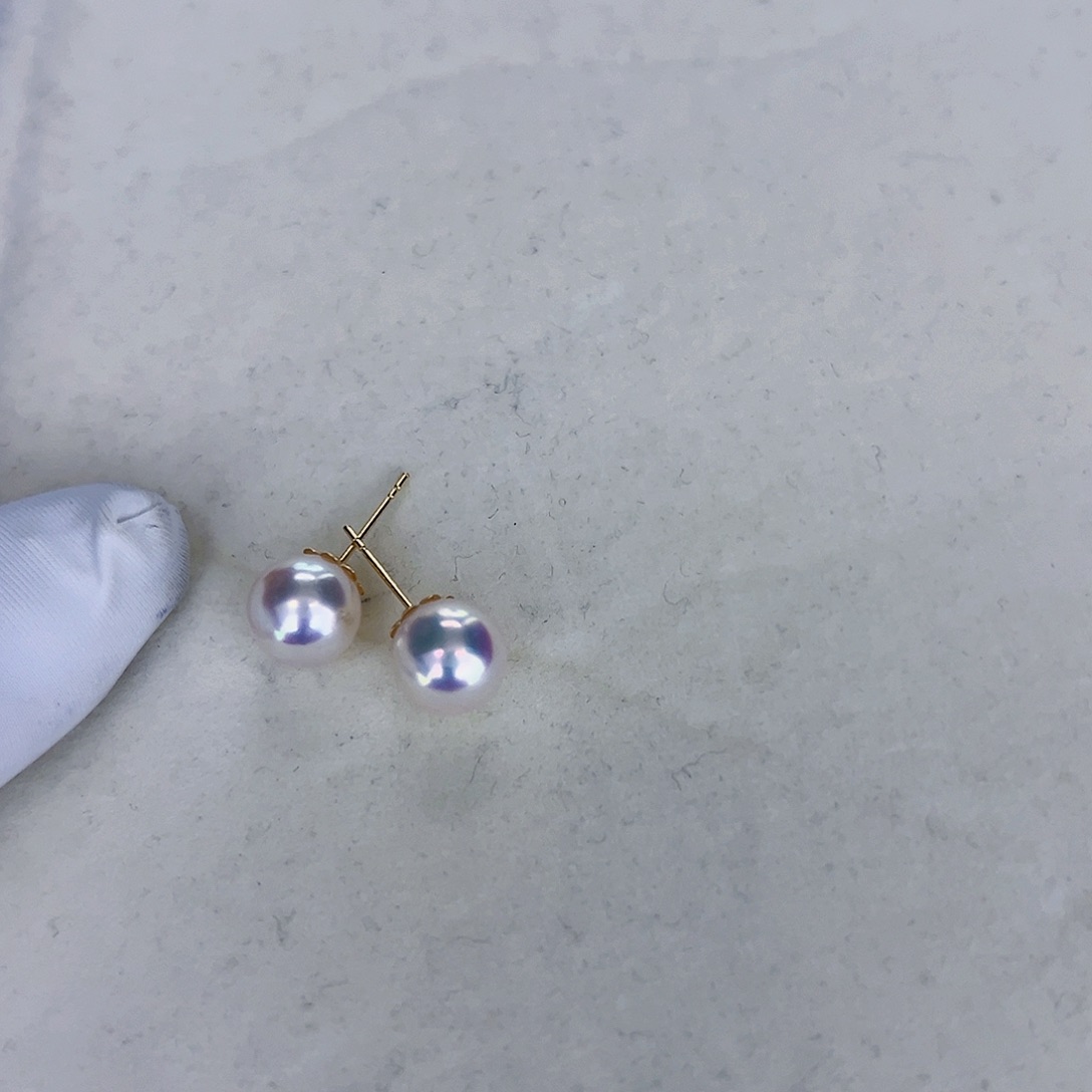 海水珍珠海水akoya天女耳钉8.5-9mm18K金镶嵌