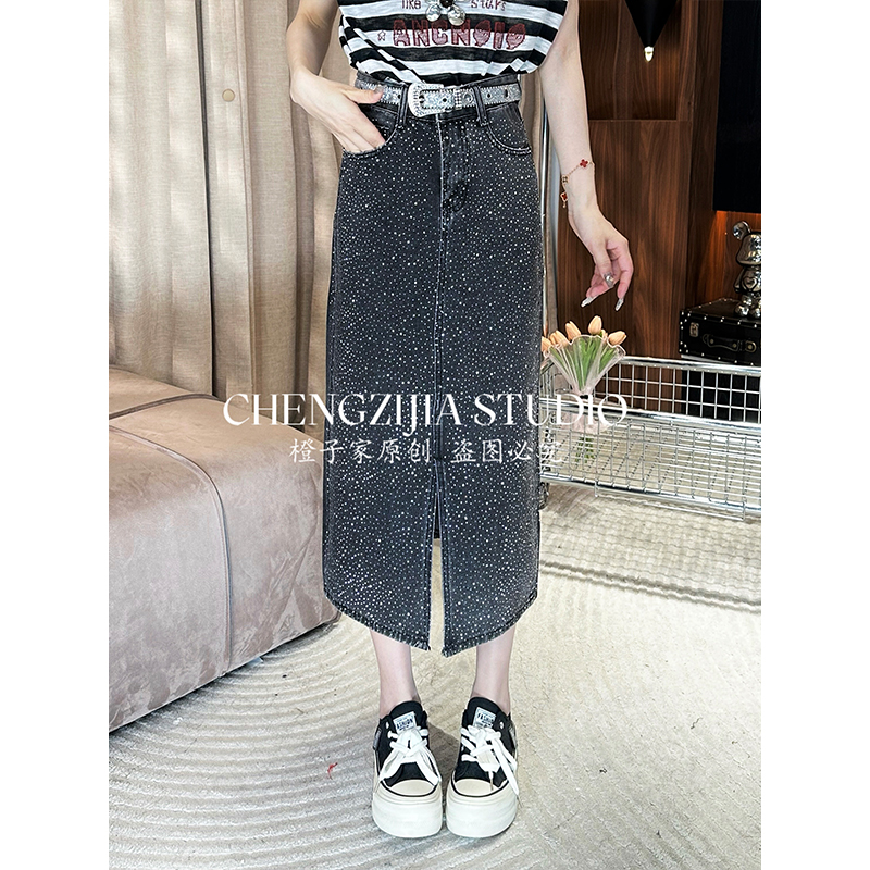 （不含腰带）【裴诗婷】橙子·studio 【】QZ00054带钻牛仔裙长裙