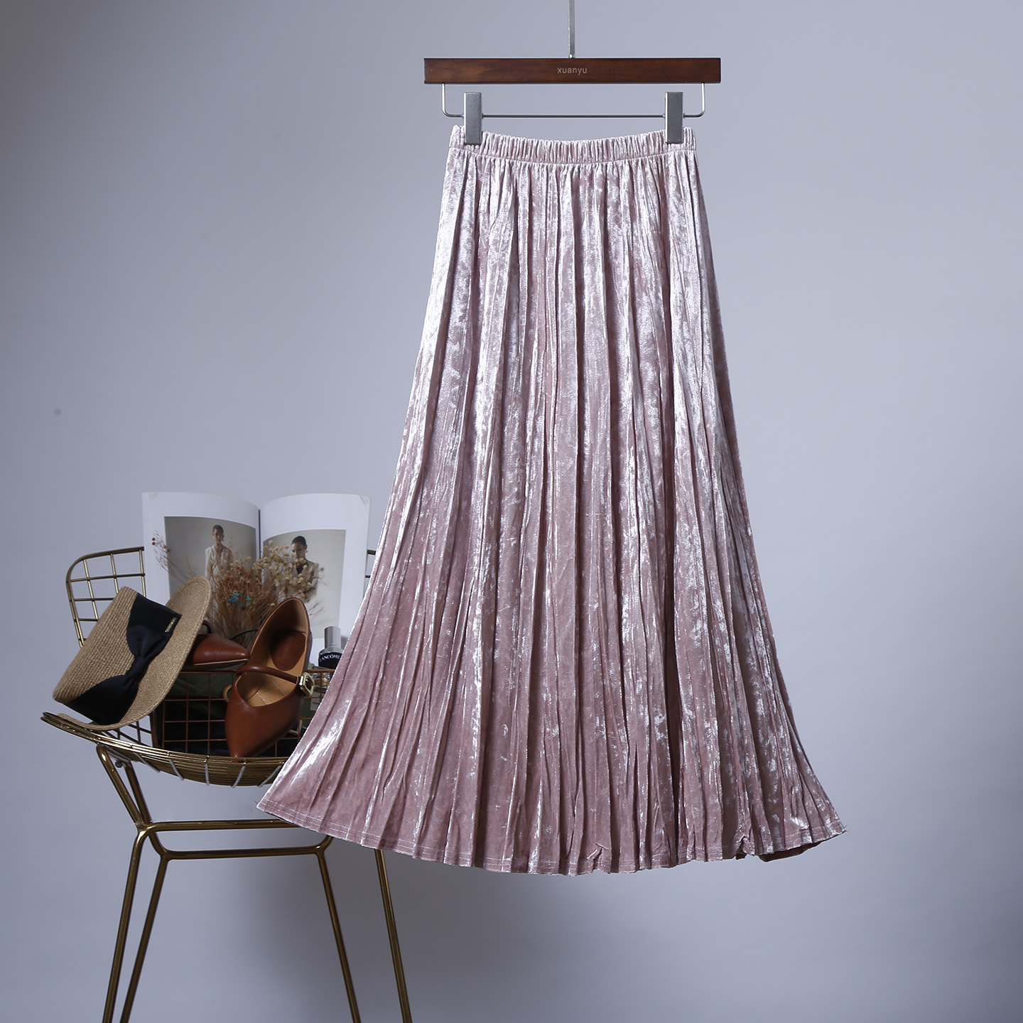 丝绒百褶裙长裙气质半身裙大摆裙半裙高腰休闲风秋冬显瘦时尚裙子