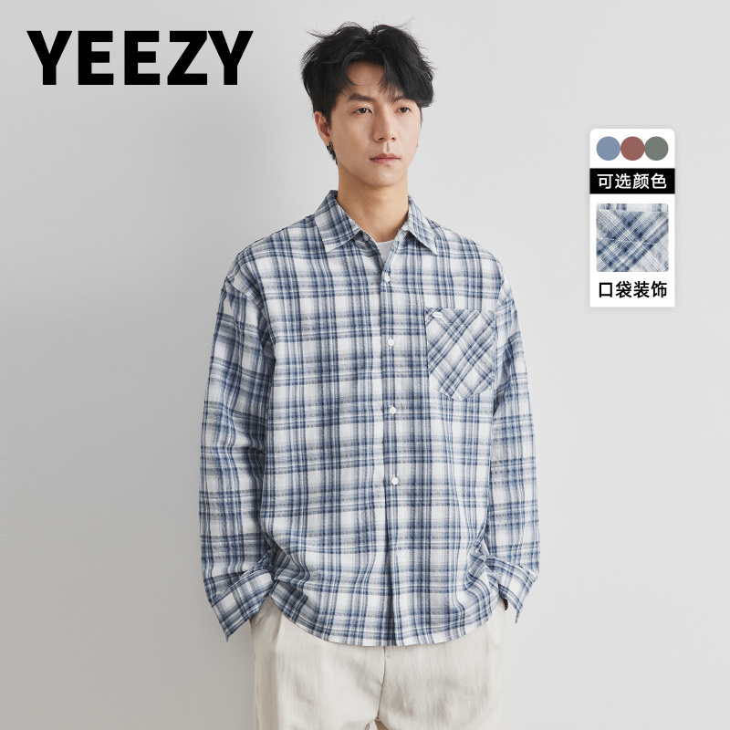 YEEZY男装日系潮牌长袖格子衬衫男春季2025新款情侣寸衣宽松衬衫