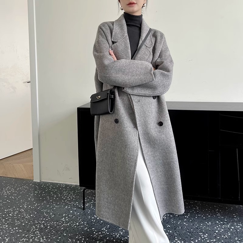 灰色双面中长款毛呢大衣女2025秋冬新款韩系小个子高级感呢子外套