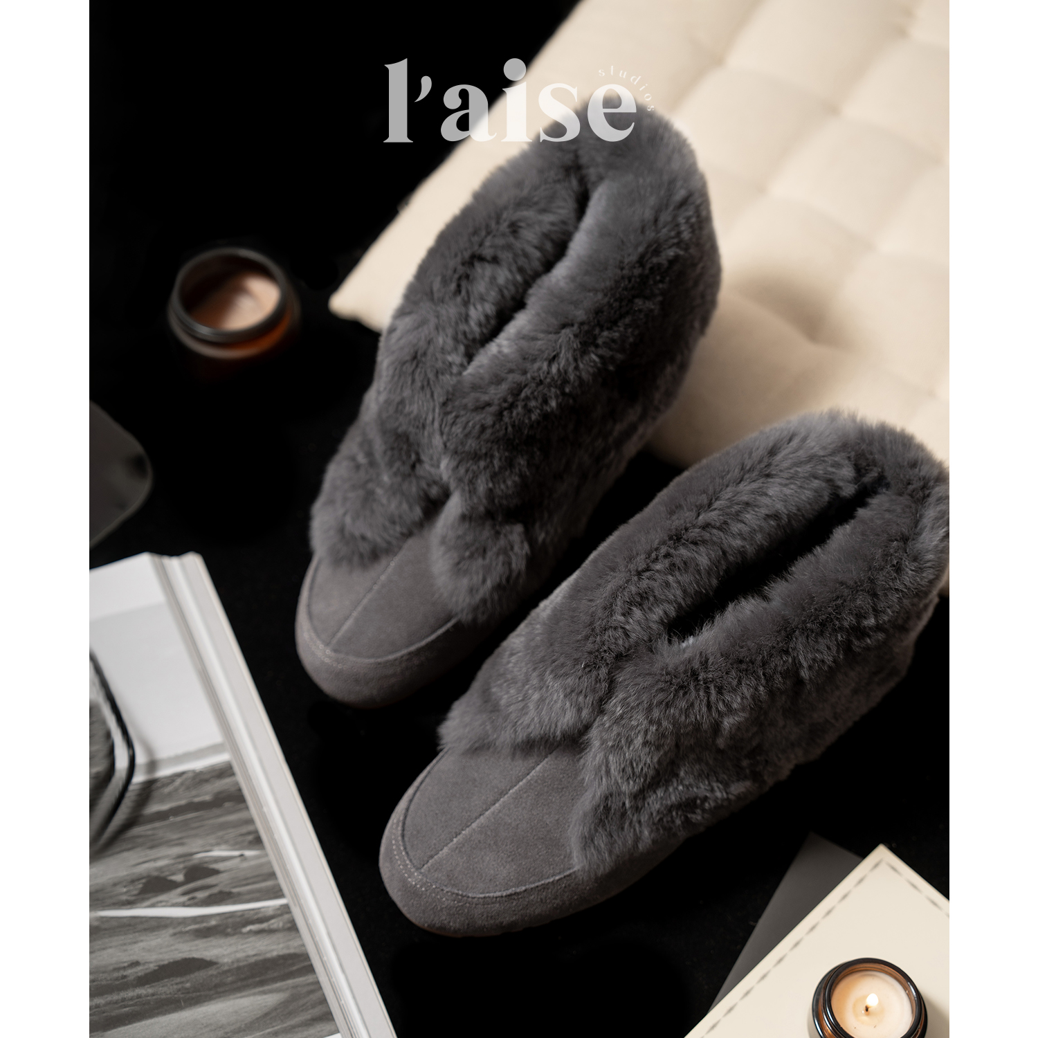 L'aise 2025 A/W NewPreview 獭兔毛皮毛一体时尚百搭灰色雪地靴