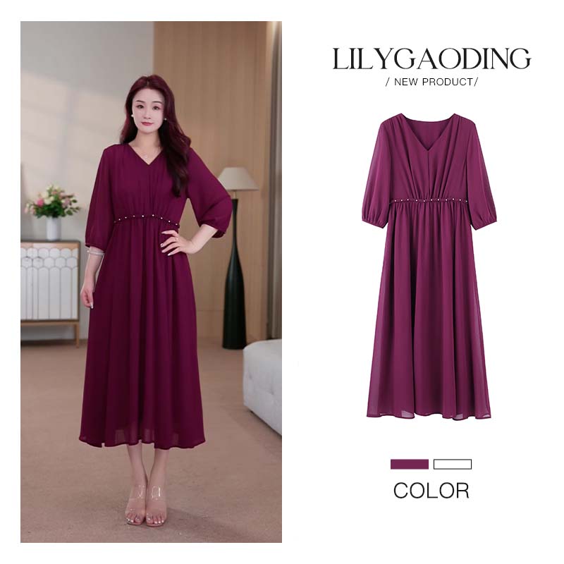 莉莉定制大码女装新款微胖简约气质时尚显瘦遮肉V领连衣裙ZB6667