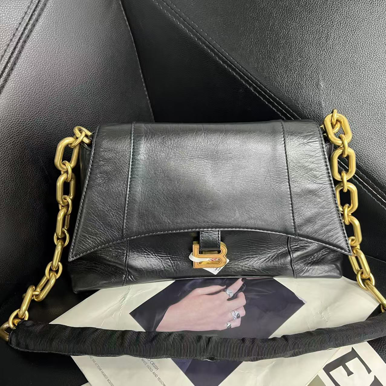 95新 Balenciaga/巴黎世家 捐金沉珠/黑金软皮沙漏downtown系列包