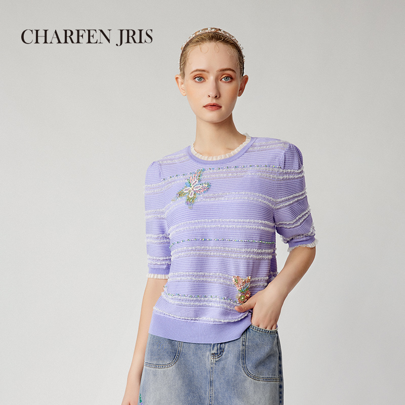 【达人专享】朝峰春新款条纹立体镂空毛织上衣FJE2G660-6085C