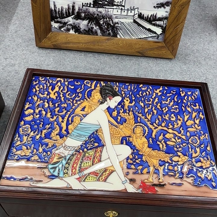 陶瓷板画老榆木收纳盒