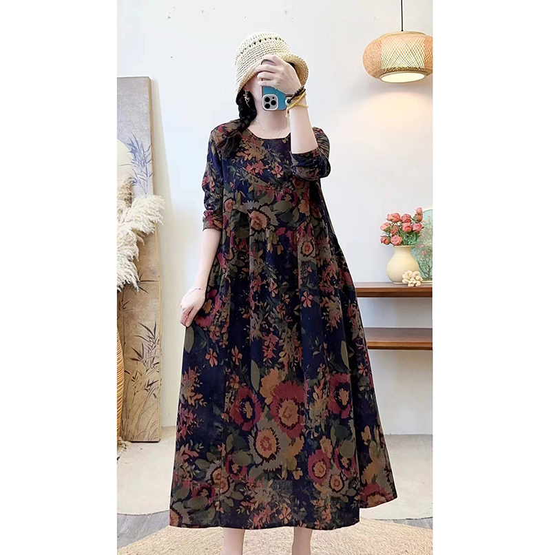 太阳花长袖连衣裙气质显瘦复古中长款宽松大码妈妈装