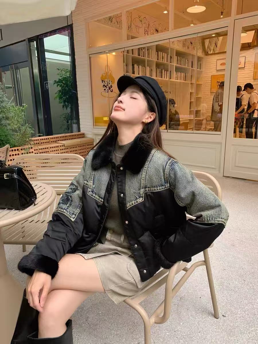 冬季新款时髦精重工牛仔刺绣时尚轻奢百搭精致保暖外套女681156-1