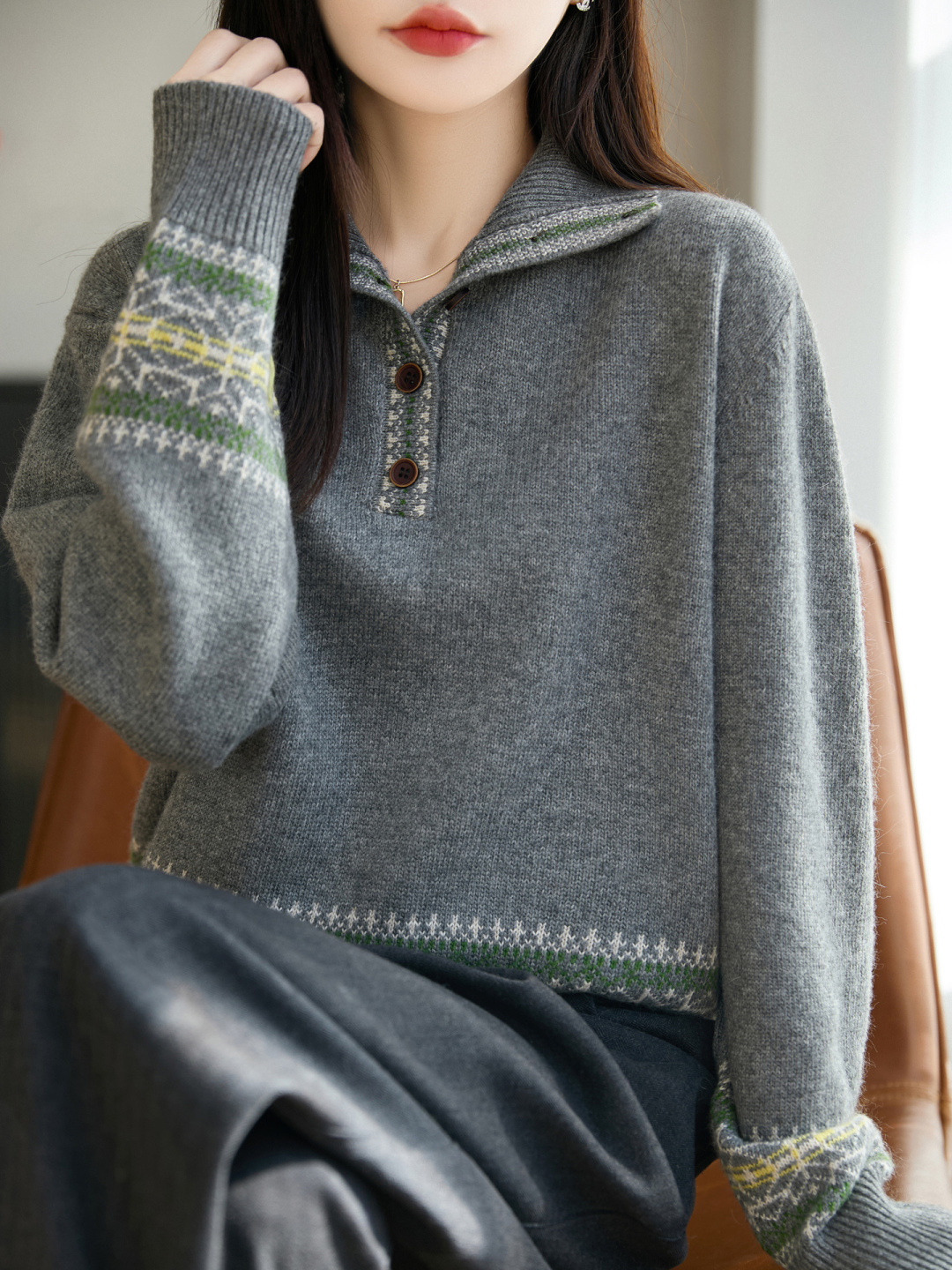 复古提花~冬季休闲风羊毛衫撞色立领红色毛衣女款本命年红毛衣