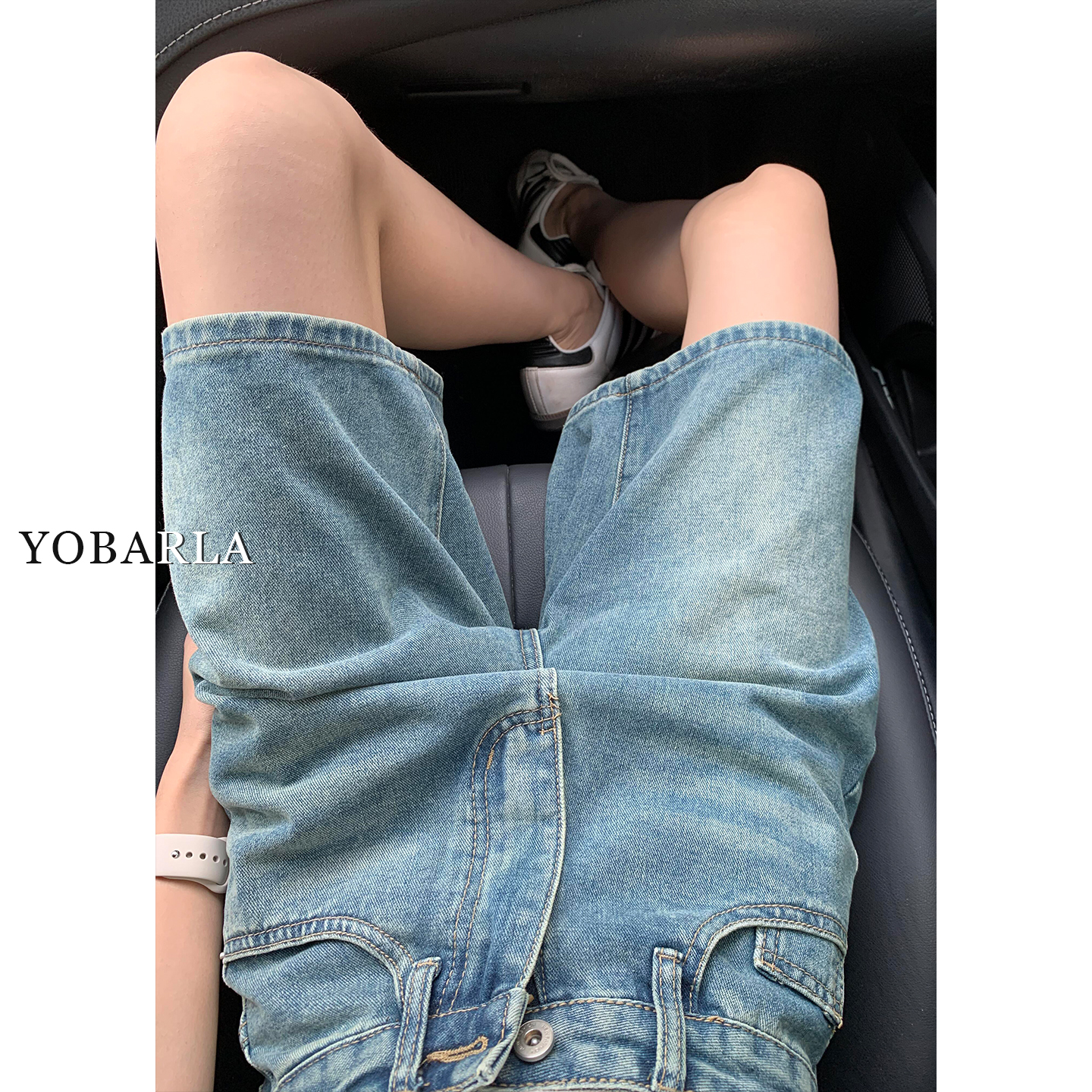 蓝色直筒牛仔短裤女高腰夏季新款胖mm大码宽松显瘦五分阔腿中裤子