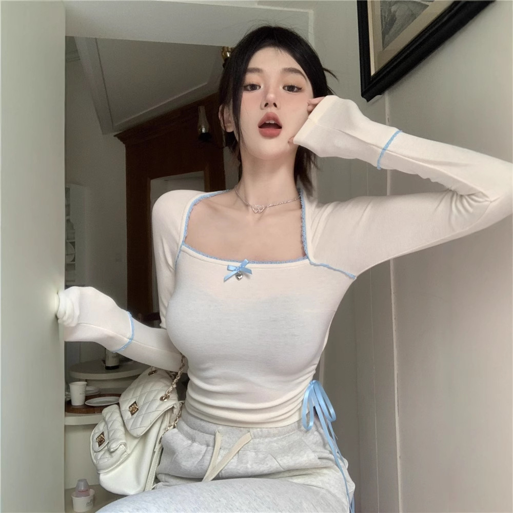 《W7》甜美蕾丝方领蝴蝶结系带长袖女秋季新款韩版设计感修身上衣潮