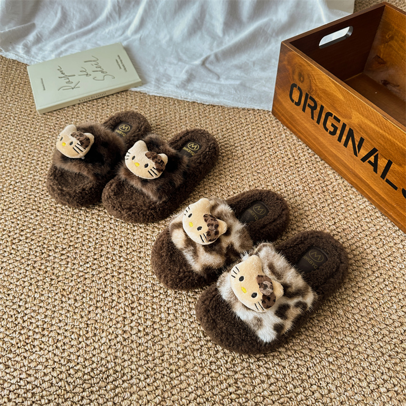 可爱卡通kitty豹纹毛毛拖鞋女童外穿2025秋冬季新款居家棉拖鞋