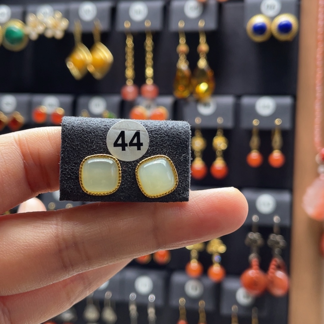 和田玉银S925镶嵌耳饰44号