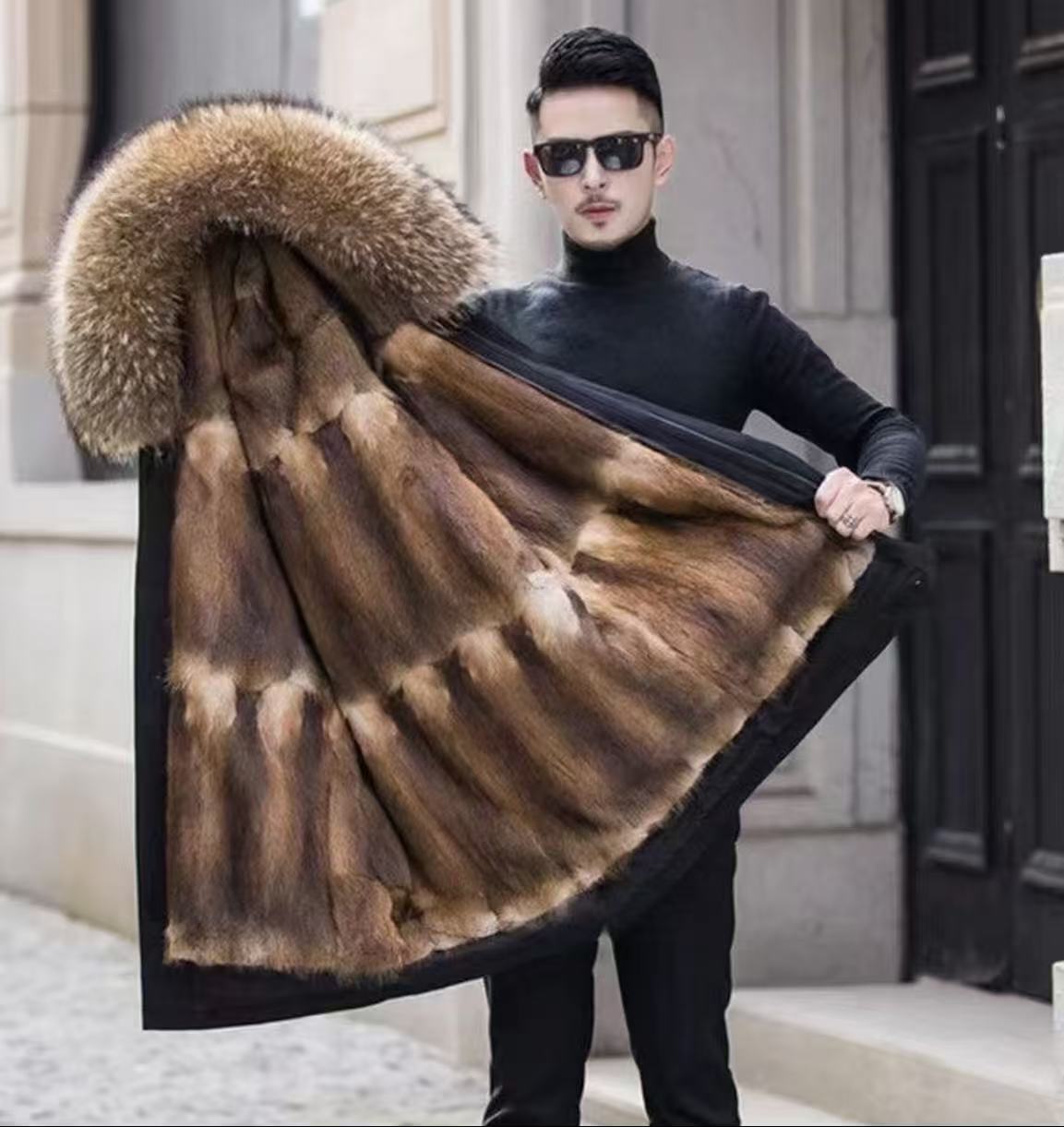 真毛皮草2025新款男士商务休闲派克服风衣外套真毛皮草可拆卸