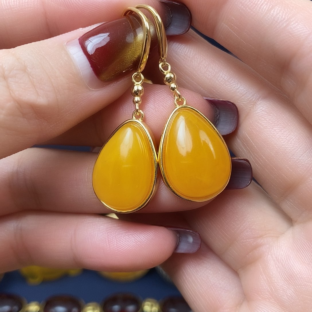 蜜蜡耳饰银S925镀金镶嵌