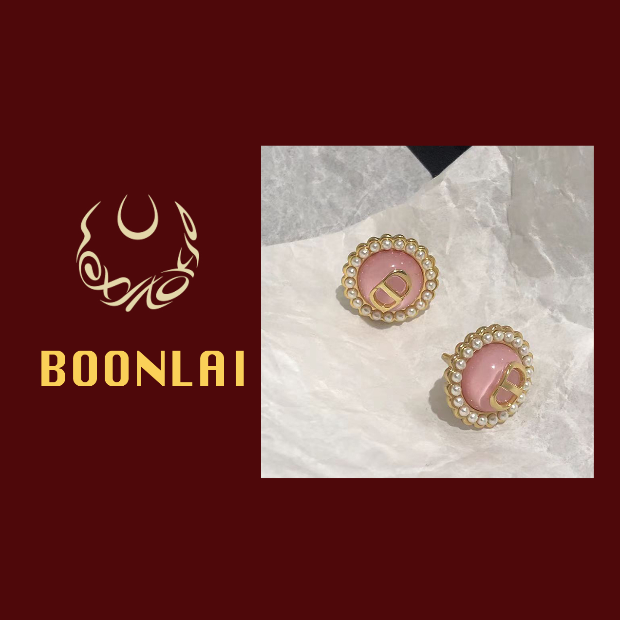 铜合金仿珍珠耳饰 Boonlai 珠珠粉色字母耳环1130