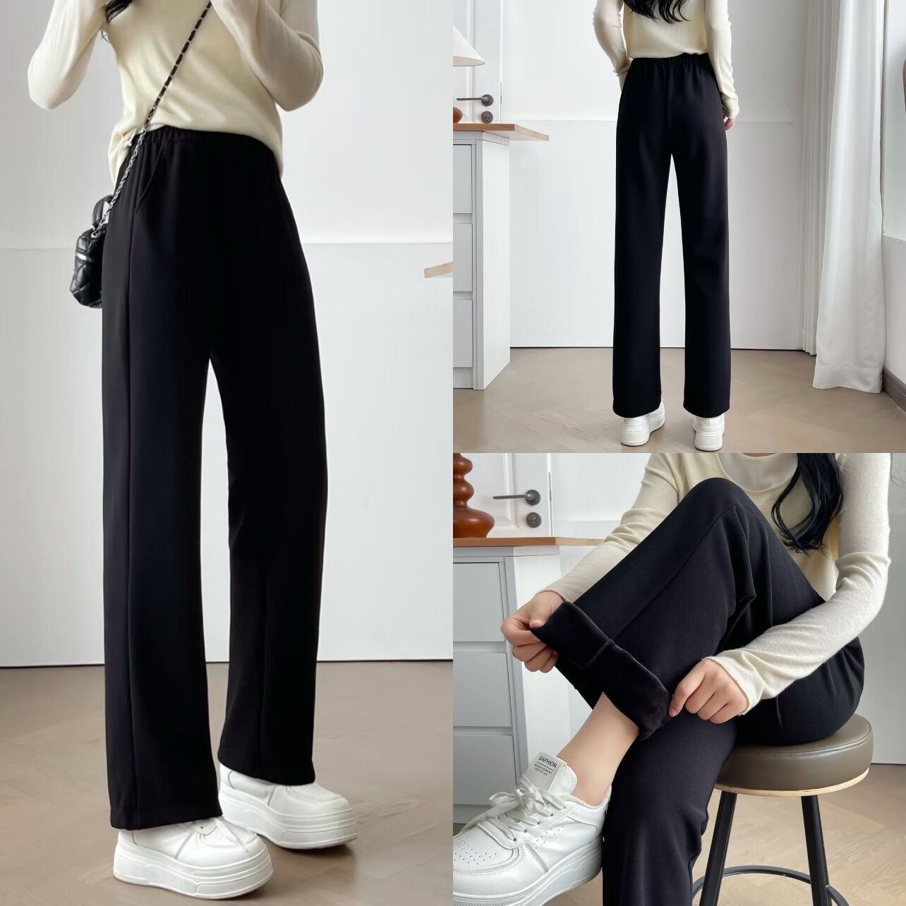 JIANAOBEN/简澳本大码高腰弹力显瘦加绒加厚烟管裤女保暖直筒裤子